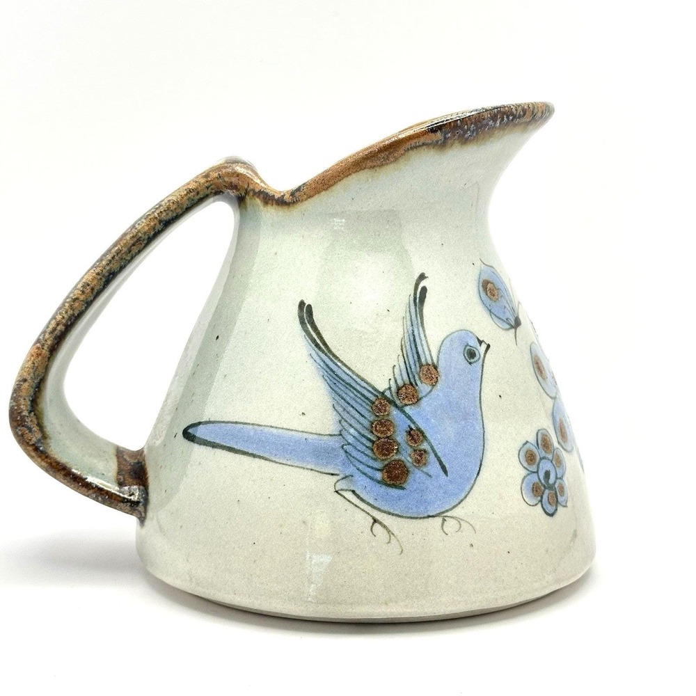 Vintage El Palomar Tonala Mexico Pottery Pitcher Blue Bird Floral Signed 5"